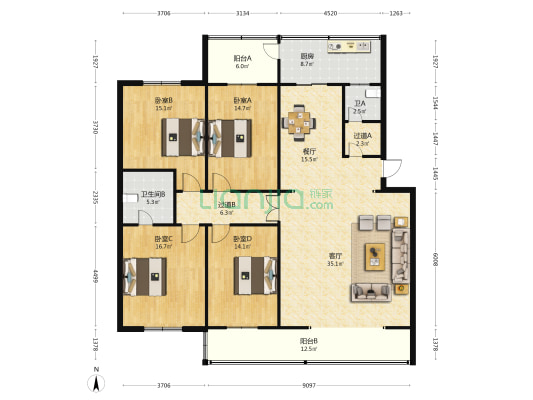 天地坛工商银行宿舍 4室2厅2卫 170平方