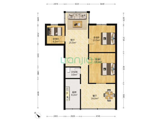 正中街住建局 3室2厅1卫 98平方