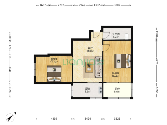 亚单角 2室1厅1卫 44平方