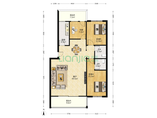 祥富佳园 3室1厅2卫 136平方