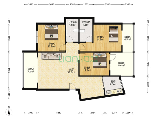 上美年华 3室1厅2卫 120平方