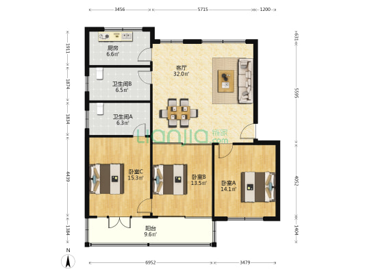 绿缘别墅 3室1厅2卫 119平方