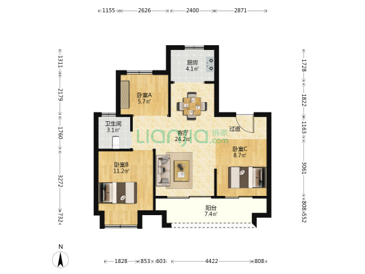长投·长河九里 3室1厅1卫 80平方