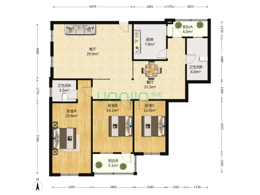 阳光公寓 3室2厅2卫 134平方