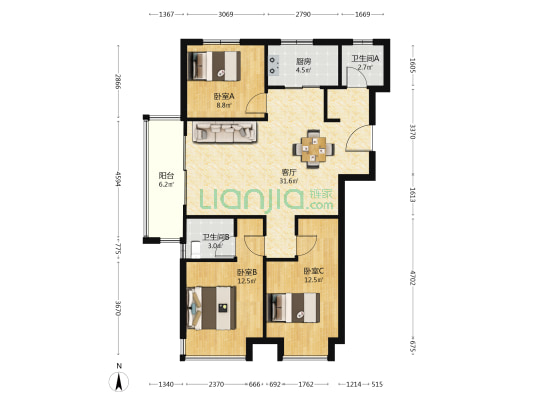 欢乐华庭北区 3室1厅2卫 112平方