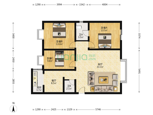 滨江花园 3室2厅2卫 115平方