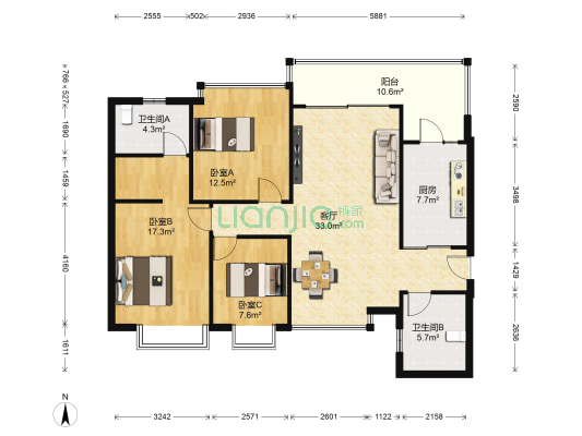 恒大名都 3室1厅2卫 137平方