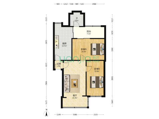 渝州路39号 2室1厅1卫 91平方