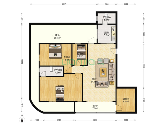 华远西小区 3室1厅2卫 130平方
