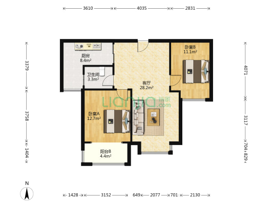 精装修全阳两居，品质小区，品牌家具家电。-户型图
