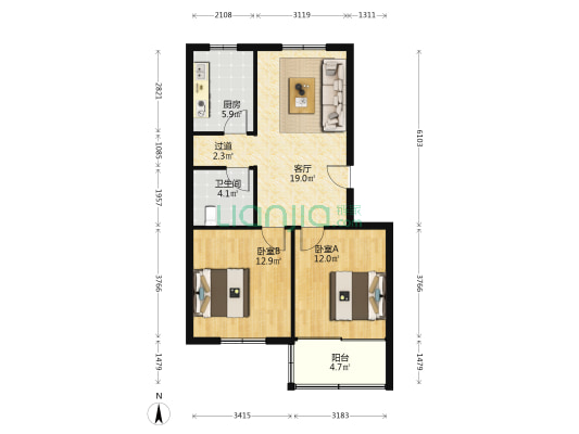 龙州花园 2室1厅1卫 79平方