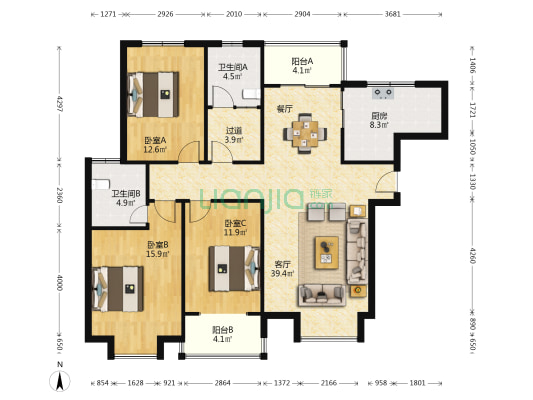 科新苑C区 3室1厅2卫 137平方