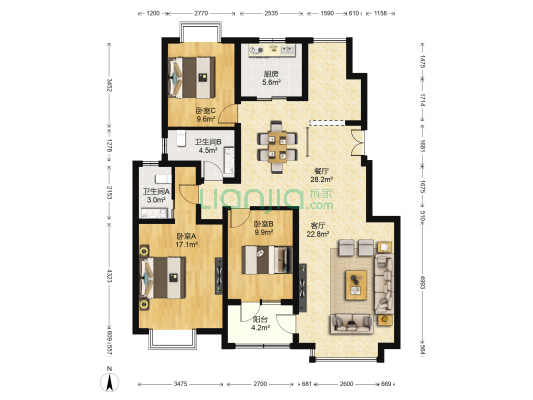 悦廷 3室2厅2卫 135平方