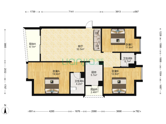 珠冠大厦 3室1厅2卫 135平方