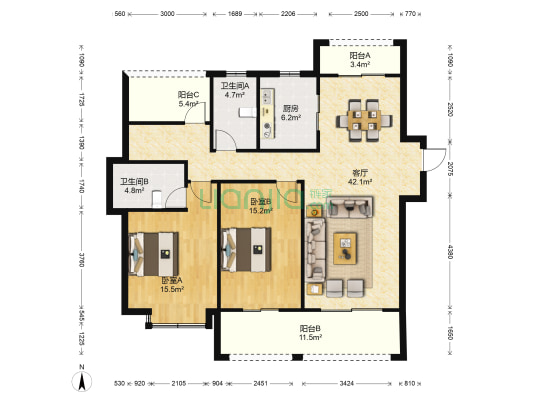珠江名苑 2室1厅2卫 136平方