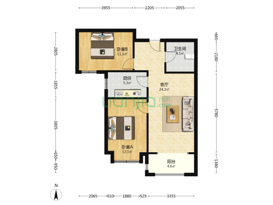 香邑溪谷上园全南两居 精装 小区人车分流-户型图