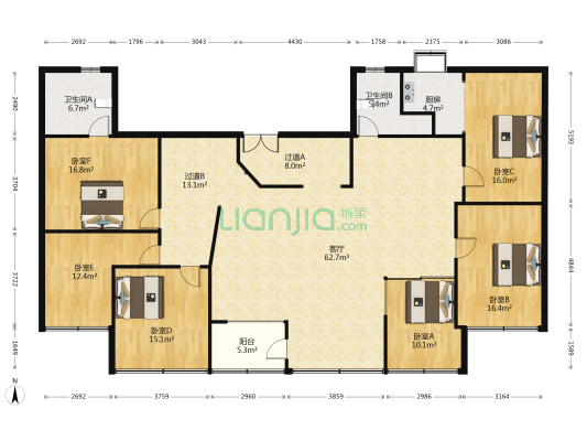 台颐公寓 6室1厅2卫 127平方
