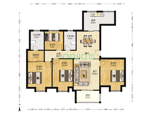时代生活广场裕华苑 4室1厅2卫 142平方