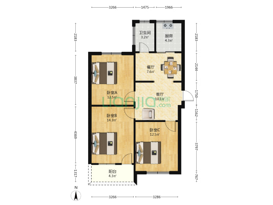 华林路14号 3室2厅1卫 84平方