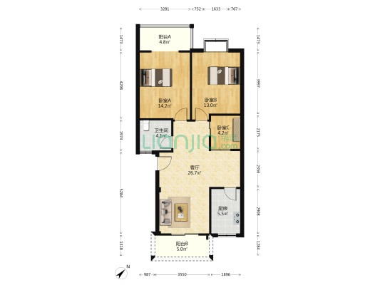 平安花园一期 3室1厅1卫 89平方