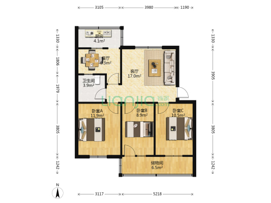 河南省烟草研究所 3室2厅1卫 90平方
