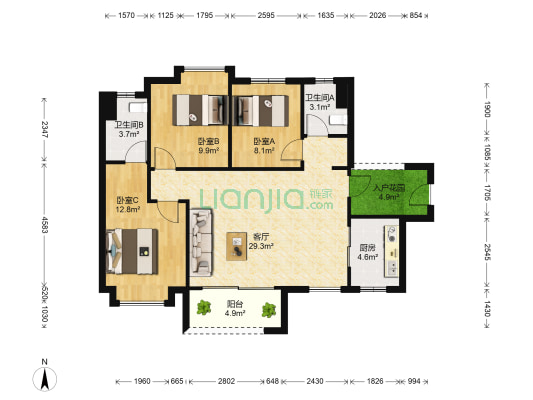 龙湖首开天宸原著 3室1厅2卫 97平方