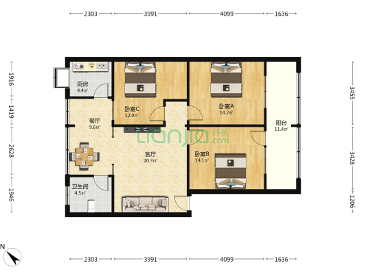 交警支队家属院 3室2厅1卫 113平方
