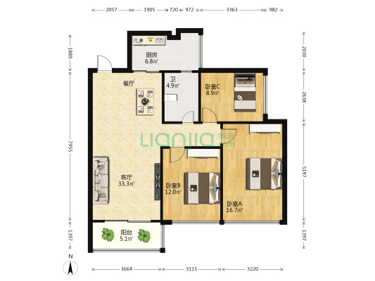 锦地翰城二期（A区） 3室1厅1卫 104平方