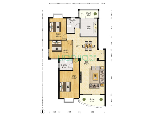 滨海湾花园 3室1厅2卫 136平方