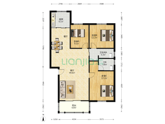 利恒嘉苑 3室1厅2卫 129平方