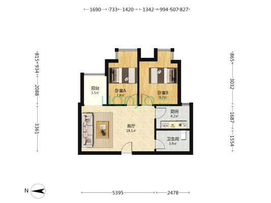 美丽华居 2室1厅1卫 60平方