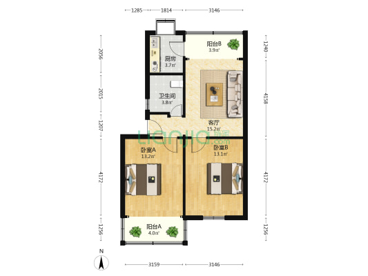 十五中教委宿舍 2室1厅1卫 68平方