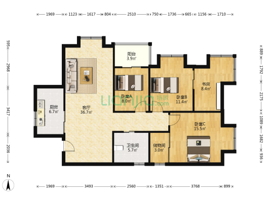 三丰公寓 4室1厅1卫 121平方
