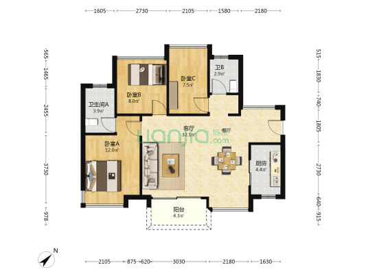 万科海上城市二期 3室1厅2卫 90平方