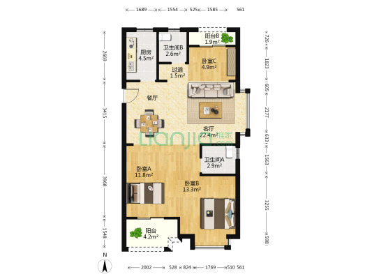 鸿翔宁郭府 3室1厅2卫 90平方