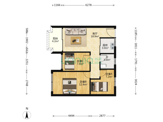 沿江路南12座 3室1厅1卫 75平方