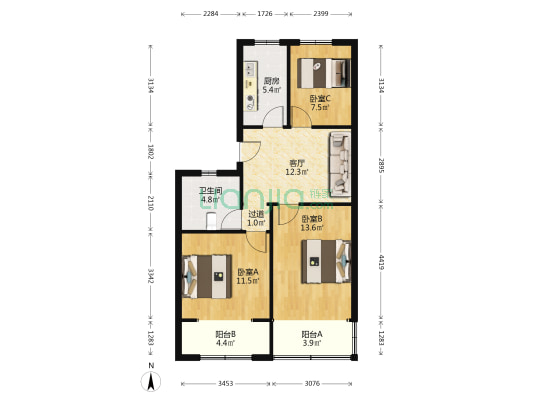 双墩社区 3室1厅1卫 80平方