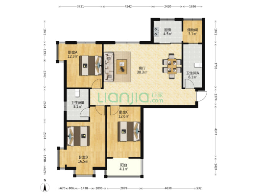 星城国际 3室1厅2卫 136平方