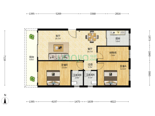 银湾南路65号 2室2厅2卫 117平方