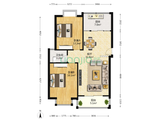 象湖明珠 2室1厅1卫 86平方