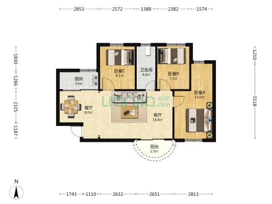 雍景花园 3室2厅1卫 79平方