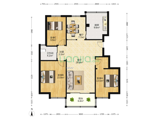 华盛名邸 3室2厅1卫 126平方
