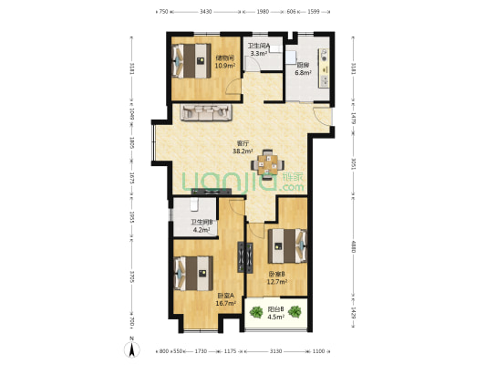 金海苑 2室1厅2卫 128平方