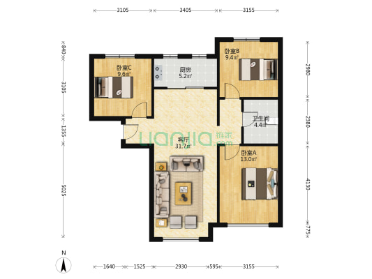 精装修 南北3居F户型 中层 东院 满二 带地下室-户型图