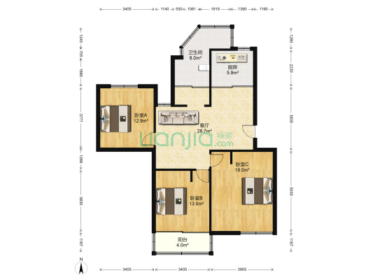 经济适用住房花园浜小区 3室1厅1卫 105平方