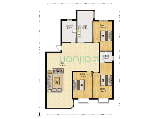 梦祯苑南区 3室1厅2卫 139平方