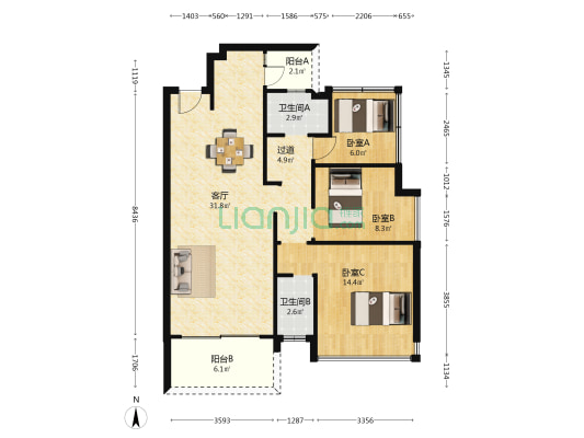 雅逸名居 3室1厅2卫 92平方