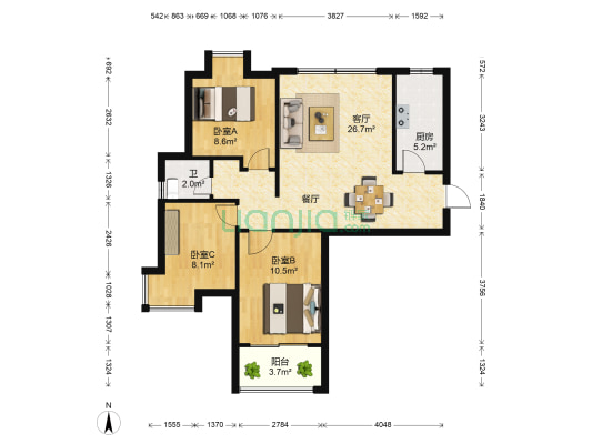 三金雄楚天地 3室1厅1卫 91平方