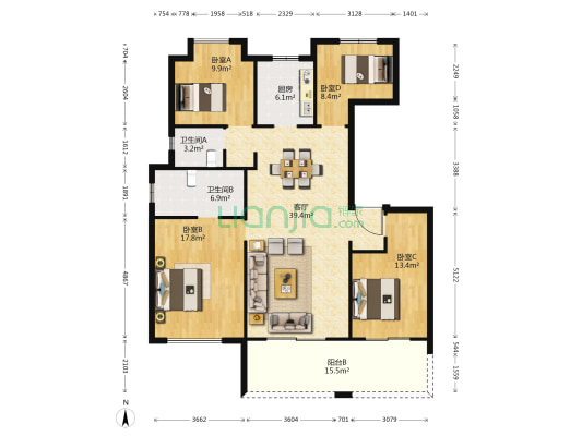 华润阜阳中心华府 4室1厅2卫 134平方