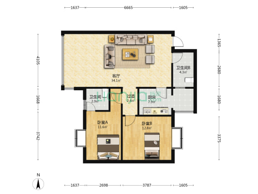 蜀江瑞园 2室1厅2卫 92平方